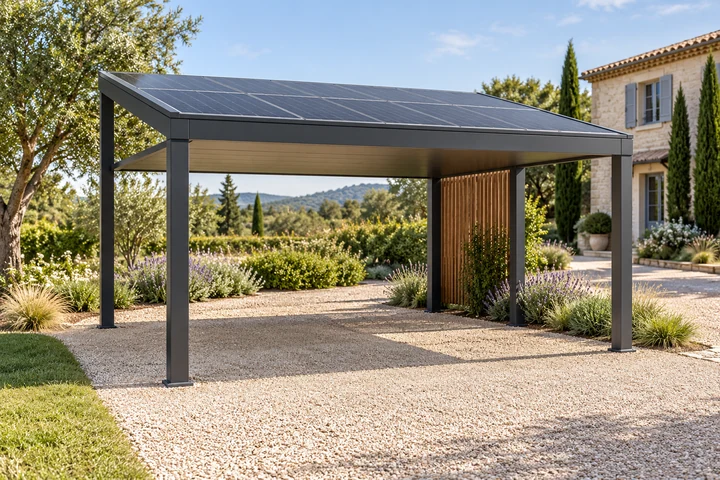 Illustration d’un carport métallique solaire indépendant, sans véhicule, dans un jardin paysagé