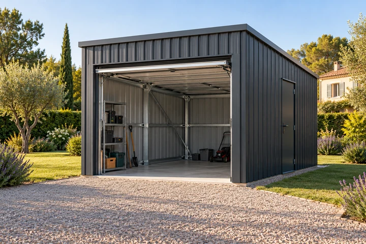 Illustration d’un garage indépendant avec bardage et ossature métalliques apparente, porte ouverte