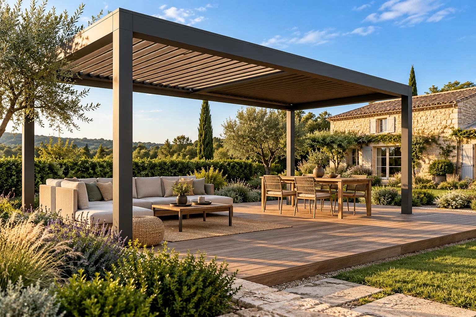 Illustration d’une terrasse de jardin sous une pergola