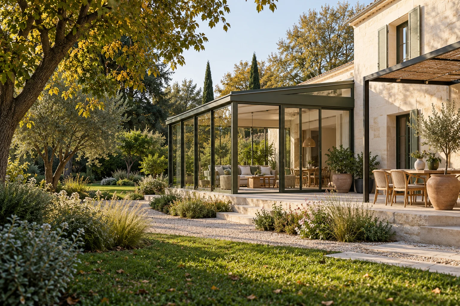 Illustration d’une véranda ouverte sur un jardin, à côté d’une terrasse ombragée